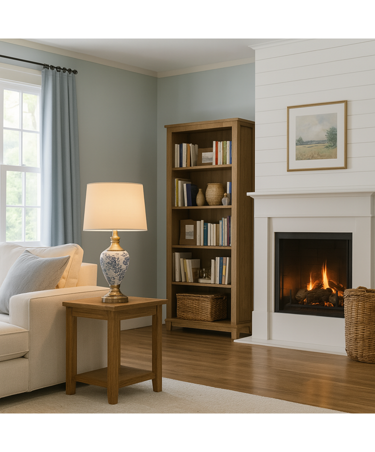 Hepburn Large Ceramic Table Lamp with White Gold Shade - Blue Print, Brass Hepburn Large Ceramic Table Lamp with White Gold Shade - Blue Print, Brass