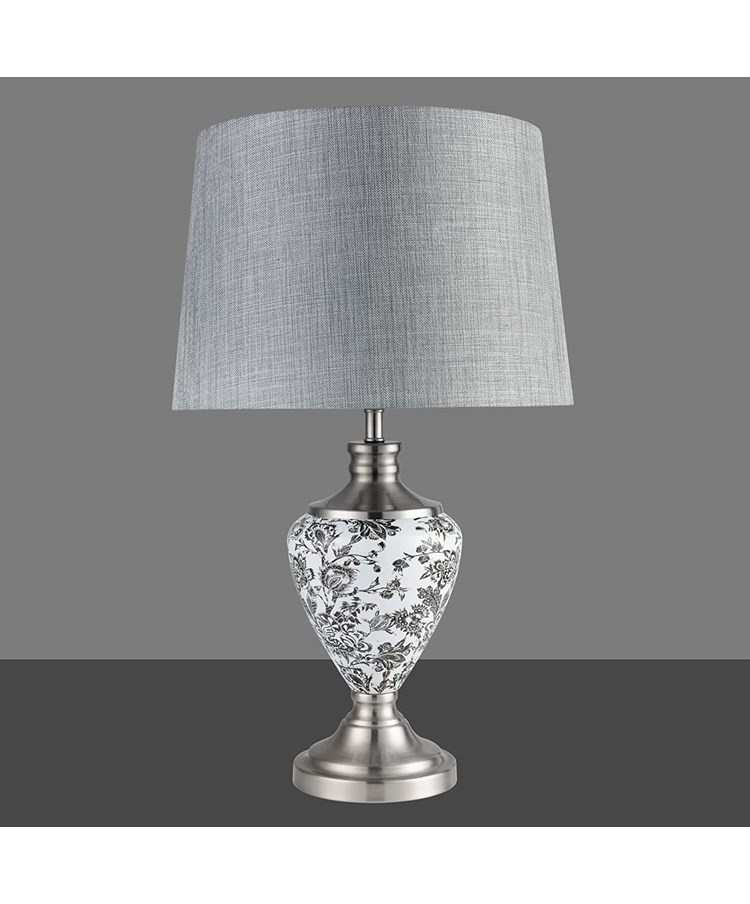 Hepburn Large Printed Ceramic Table Lamp with Grey Shade - Black Print & Silver Hepburn Large Printed Ceramic Table Lamp with Grey Shade - Black Print & Silver