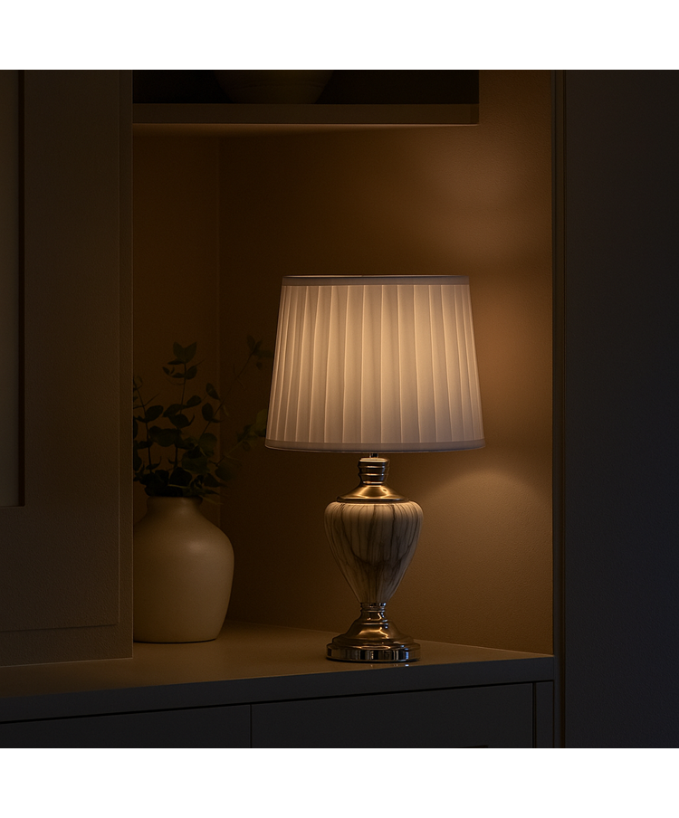 Hepburn Large Grey Marble Table Lamp with Ivory Pleat Shade - Grey & Silver Hepburn Large Grey Marble Table Lamp with Ivory Pleat Shade - Grey & Silver