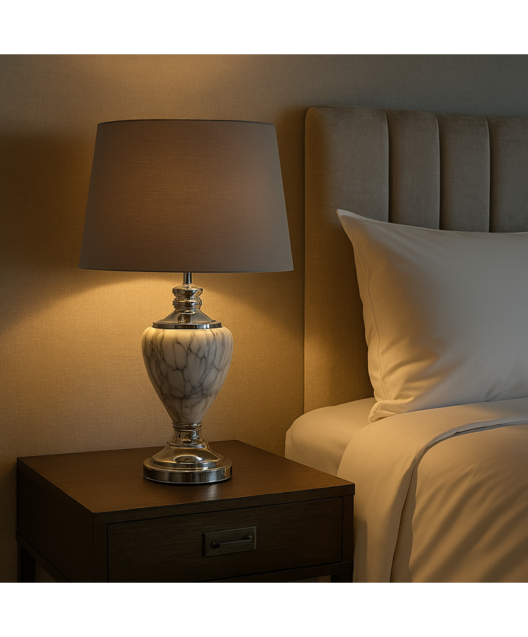 Hepburn Large Grey Marble Effect Table Lamp with Grey Silver Lined Shade - Grey Hepburn Large Grey Marble Effect Table Lamp with Grey Silver Lined Shade - Grey