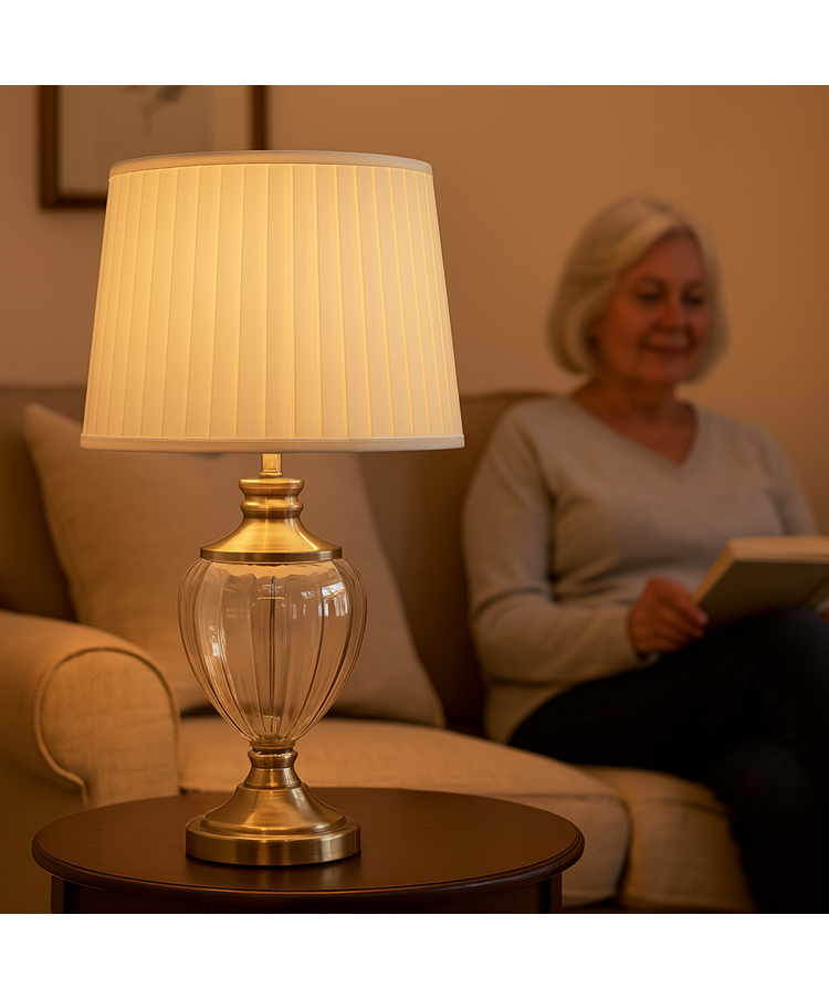 Hepburn Large Amber Glass Antique Brass Table Lamp with Cream Pleat Shade Hepburn Large Amber Glass Antique Brass Table Lamp with Cream Pleat Shade
