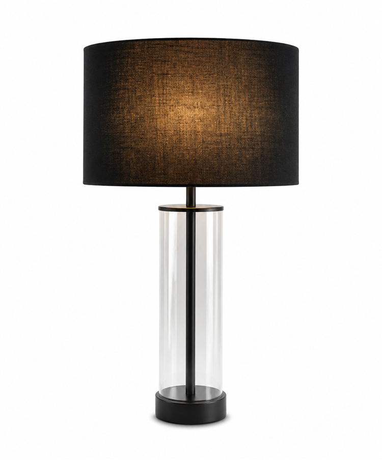 Arezo Black Glass Cylinder Table Lamp CW Gold Lined Black Shade
