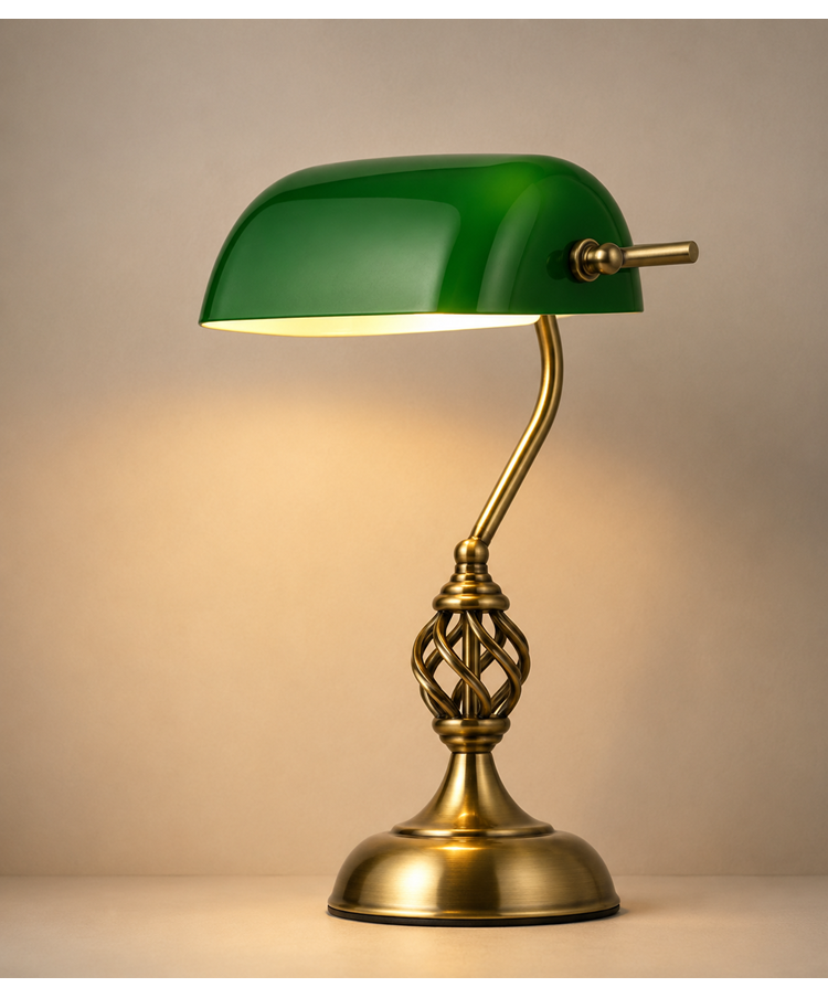 Kingswood Barley Twist Traditional Bankers Lamp - Antique Brass - Green Glass