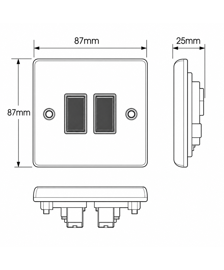 Round Edge Brushed Steel 10AX 2G 2W Switch Plate - Black Inserts Round Edge Brushed Steel 10AX 2G 2W Switch Plate - Black Inserts