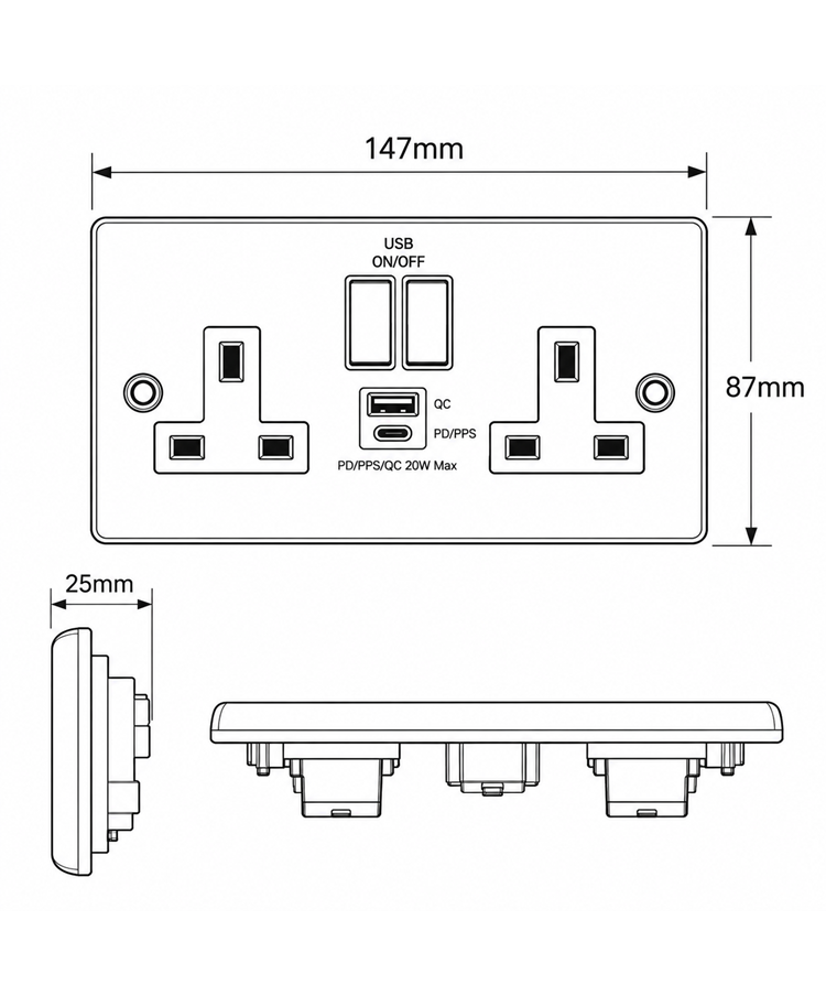 Round Edge Matt Black 13A 2G SP Switched Socket with USB-A & USB-C Round Edge Matt Black 13A 2G SP Switched Socket with USB-A & USB-C