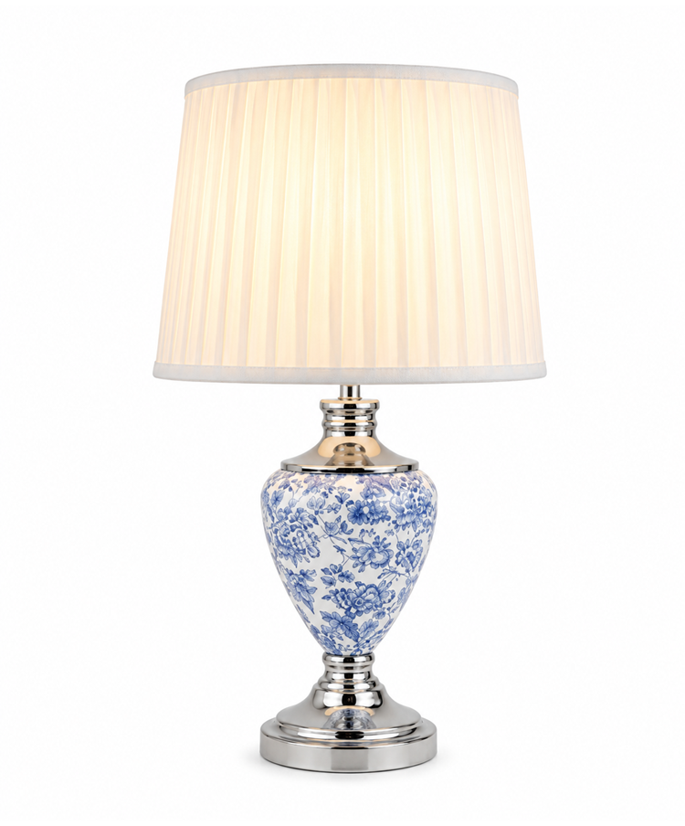 Hepburn Large Ceramic Table Lamp with Matching Shade - Modern White, Blue Silver