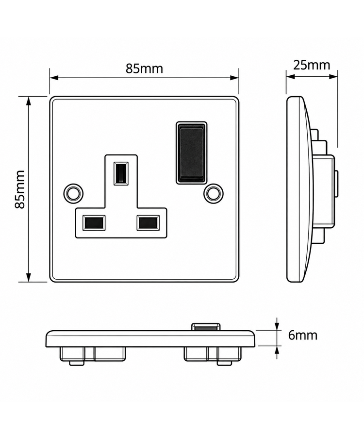 Round Edge Brushed Steel 13A 1G DP Switched Socket - Black Insert Round Edge Brushed Steel 13A 1G DP Switched Socket - Black Insert