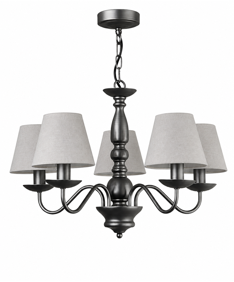 Craven Ceiling 5 Light Chandelier Pendant - Pewter Painted Finish - Linen Shades