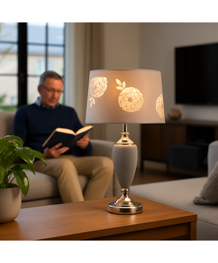 Malham Large Table Lamp with Lacy Bloom Stencil Shade - Modern Grey & Silver Malham Large Table Lamp with Lacy Bloom Stencil Shade - Modern Grey & Silver