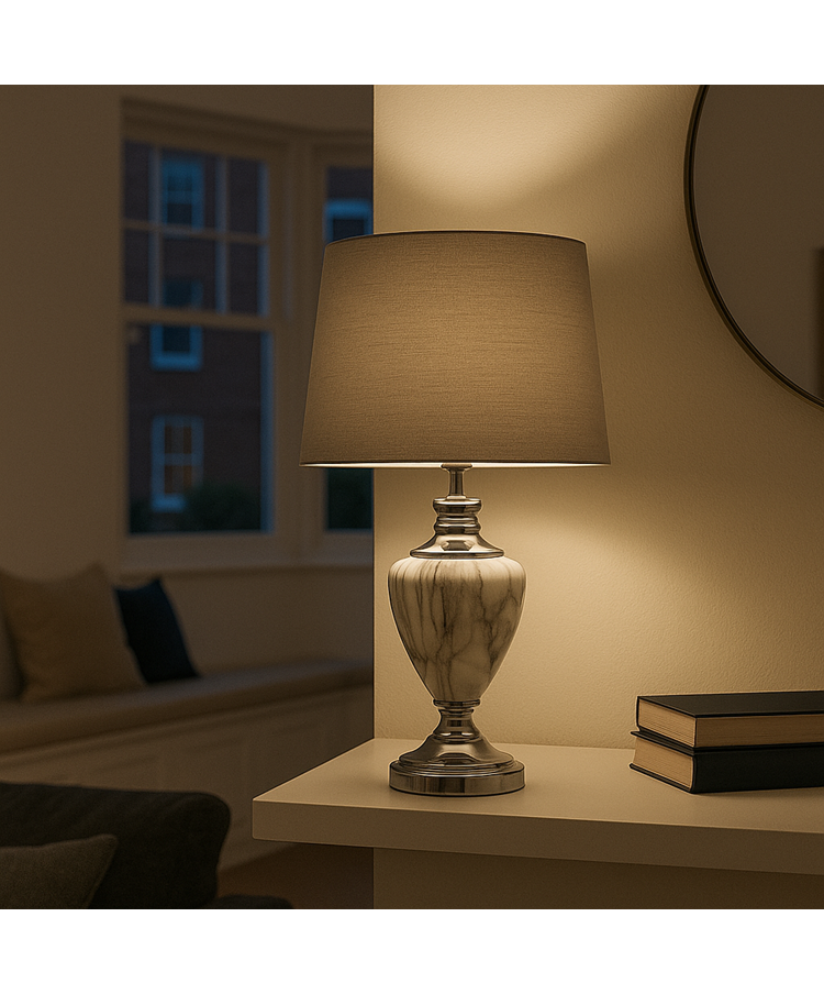 Hepburn Large Grey Marble Effect Table Lamp with Grey Silver Lined Shade - Grey Hepburn Large Grey Marble Effect Table Lamp with Grey Silver Lined Shade - Grey