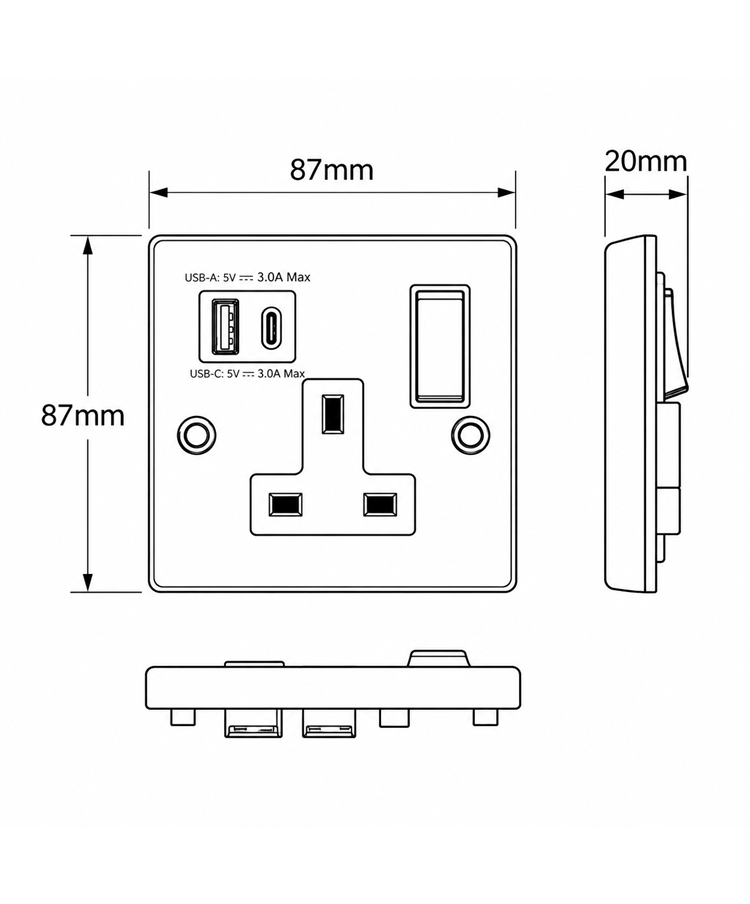 Round Edge Matt Black 1G Socket with USB-A & USB-C