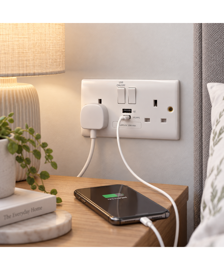 Convex Slim White 2G Switched Socket with USB-A & USB-C Convex Slim White 2G Switched Socket with USB-A & USB-C