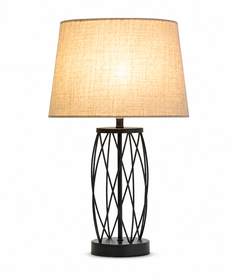 Ashleigh Black Metal Lattice Cylinder Lantern Table Lamp with Grey Linen Shade