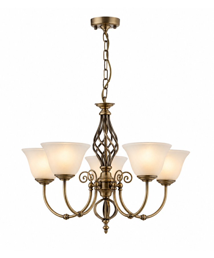 Kingswood 5 Light Ceiling Light with Alabaster Glass Shades - Antique Brass