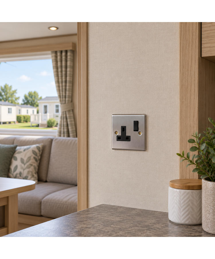 Round Edge Brushed Steel 13A 1G DP Switched Socket - Black Insert