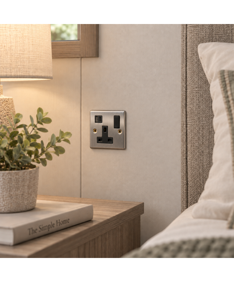 Round Edge Brushed Steel 1G Switched Socket with USB-A & USB-C