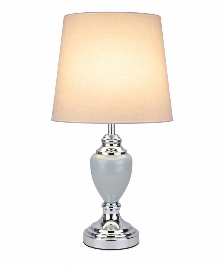 Malham Grey Ceramic Table Lamp with Matching Drum Shade - Modern Grey & Silver