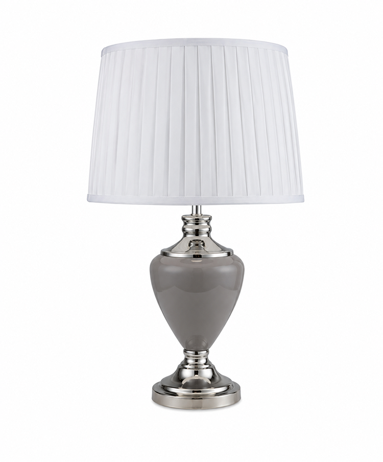 Hepburn Large Ceramic Table Lamp with Ivory Pleated Shade - Modern Grey & Silver Hepburn Large Ceramic Table Lamp with Ivory Pleated Shade - Modern Grey & Silver