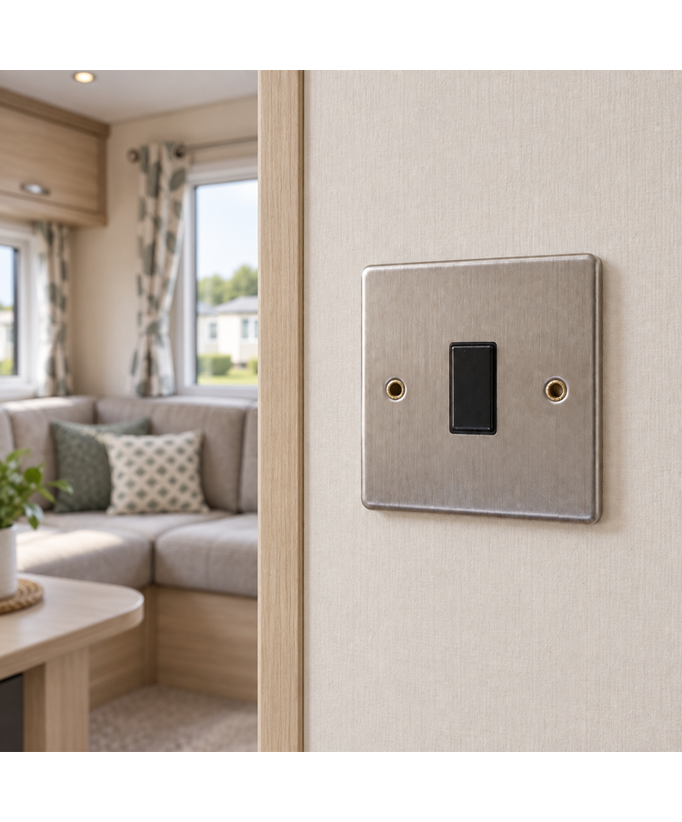 Round Edge Brushed Steel 10AX 1G 2W Switch Plate - Black Insert Round Edge Brushed Steel 10AX 1G 2W Switch Plate - Black Insert
