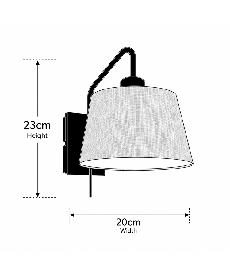 Stratton Matt Black Swing Arm Plug In Wall Light with Grey Linen Shade