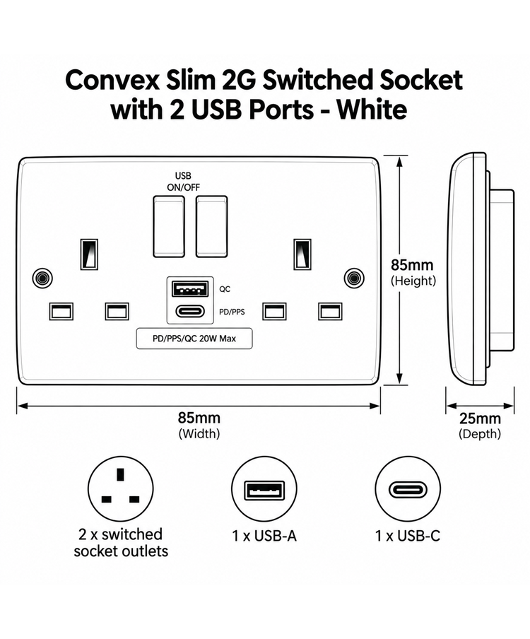 Convex Slim White 2G Switched Socket with USB-A & USB-C