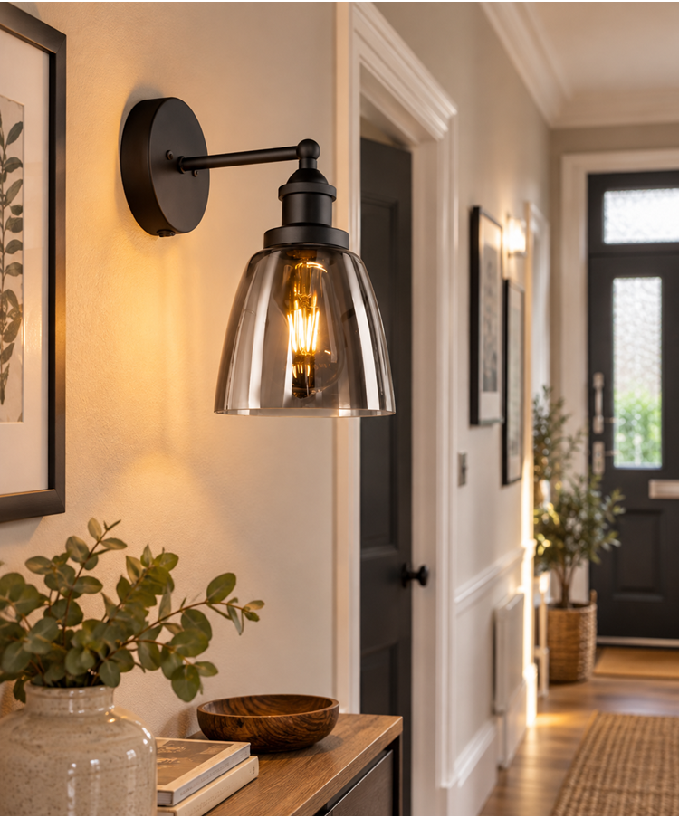 Echo Black Switched Modern Industrial Wall Light - Smoked Glass Shade