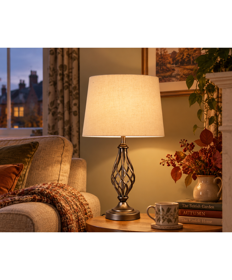 Queenswood Classic Barley Twist Table Lamp with Beige Linen Shade - Pewter Grey