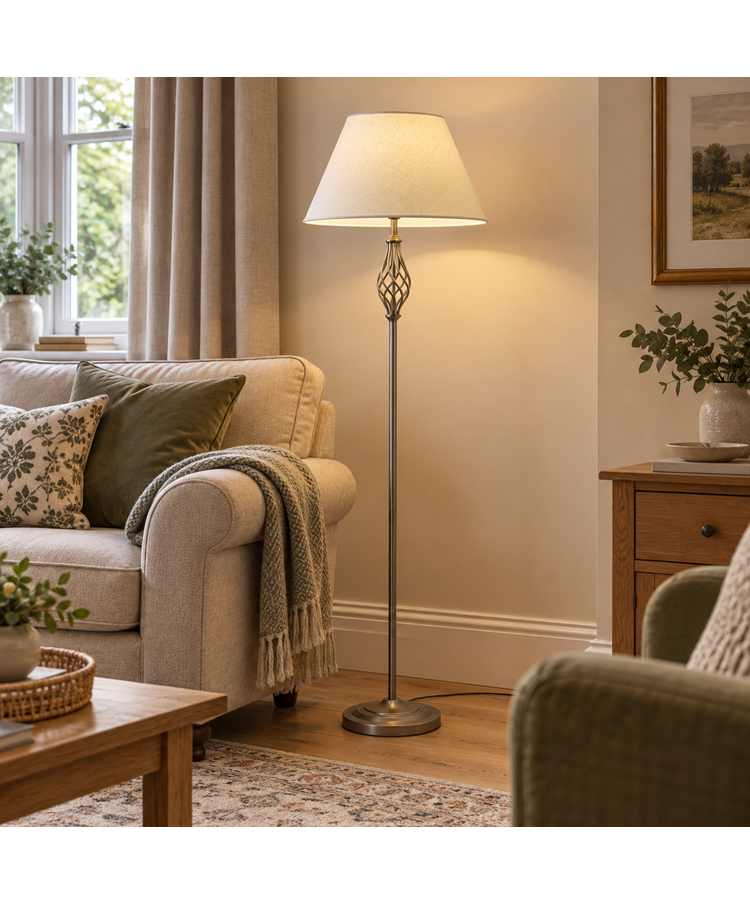 Queenswood Pewter Floor Lamp with Natural Linen Shade Queenswood Pewter Floor Lamp with Natural Linen Shade