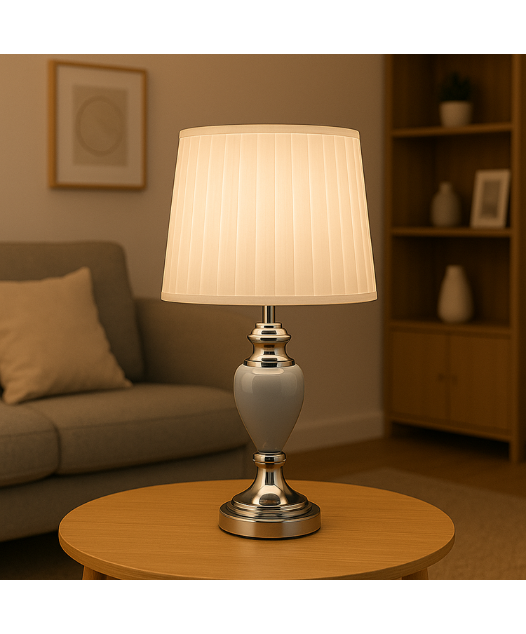 Malham Grey Ceramic Table Lamp with Ivory Pleated Shade - Modern Grey & Silver Malham Grey Ceramic Table Lamp with Ivory Pleated Shade - Modern Grey & Silver