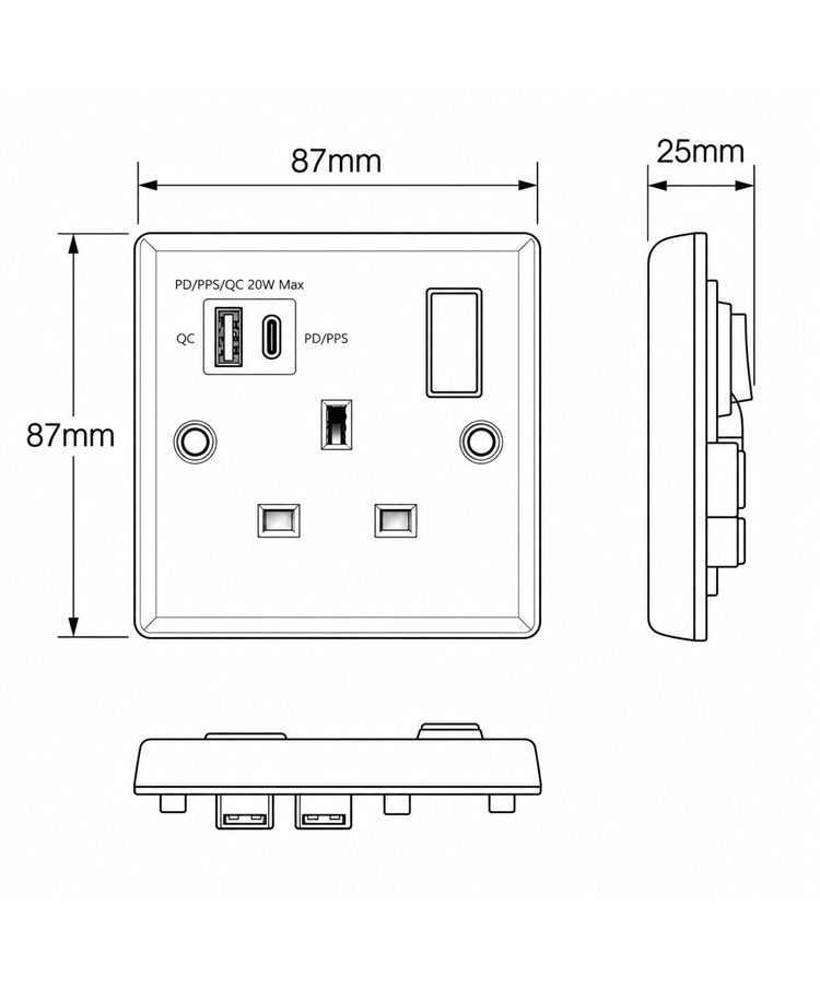 Convex White 1G Switched Socket with USB-A & USB-C