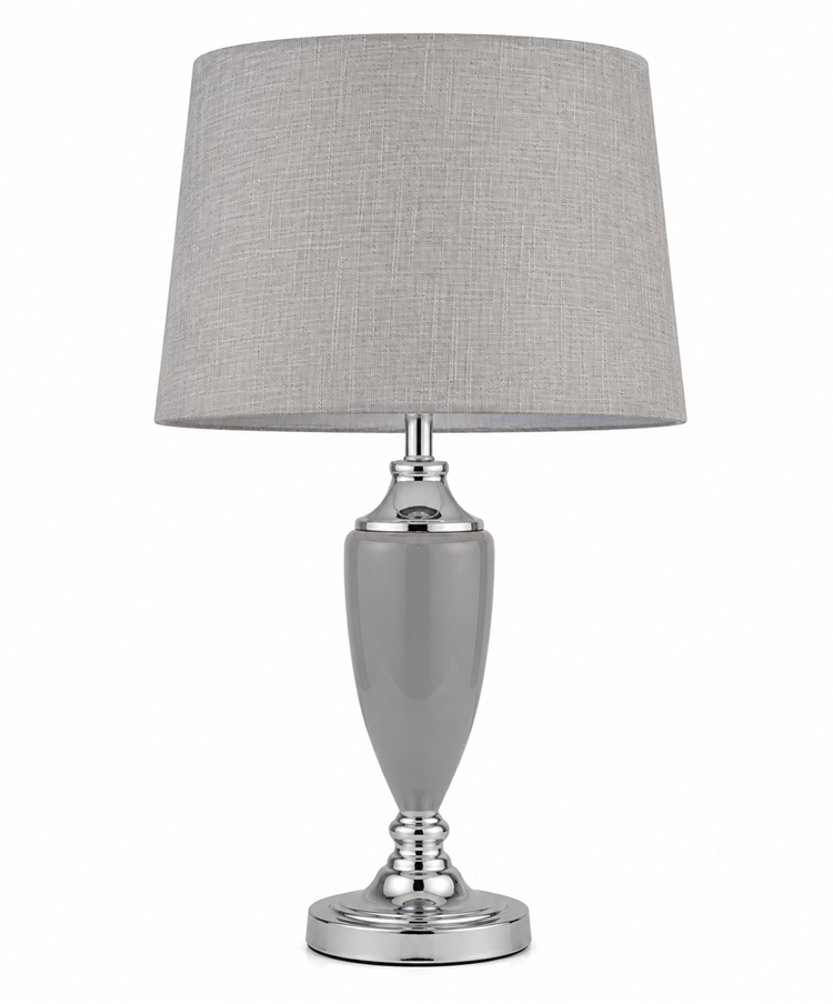 Malham Large Classic Ceramic Table Lamp with Shade - Grey and Satin Silver Malham Large Classic Ceramic Table Lamp with Shade - Grey and Satin Silver