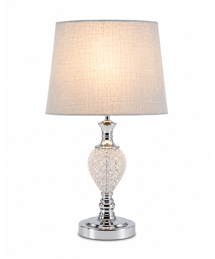 Hannah Luxury Elegant Chrome & Crystal Table Lamp with Grey Linen Shade