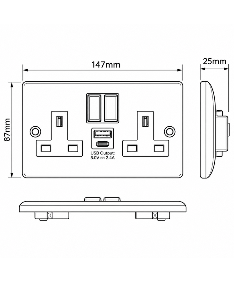 Round Edge Brushed Steel 2G Switched Socket with USB-A & USB-C