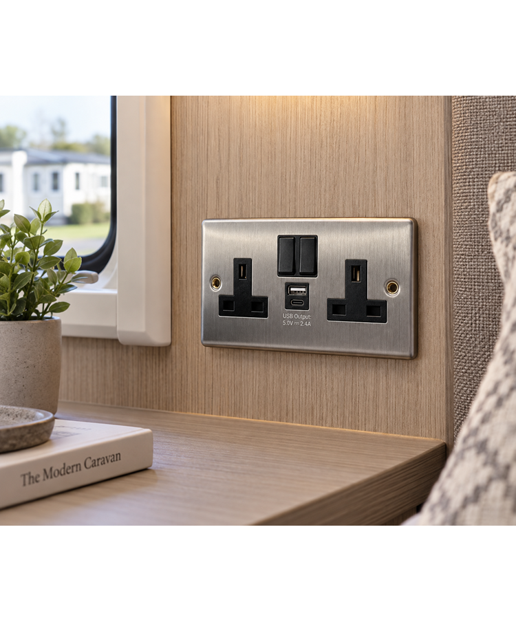 Round Edge Brushed Steel 2G Switched Socket with USB-A & USB-C Round Edge Brushed Steel 2G Switched Socket with USB-A & USB-C