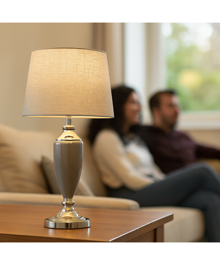 Malham Large Classic Ceramic Table Lamp with Shade - Grey and Satin Silver Malham Large Classic Ceramic Table Lamp with Shade - Grey and Satin Silver