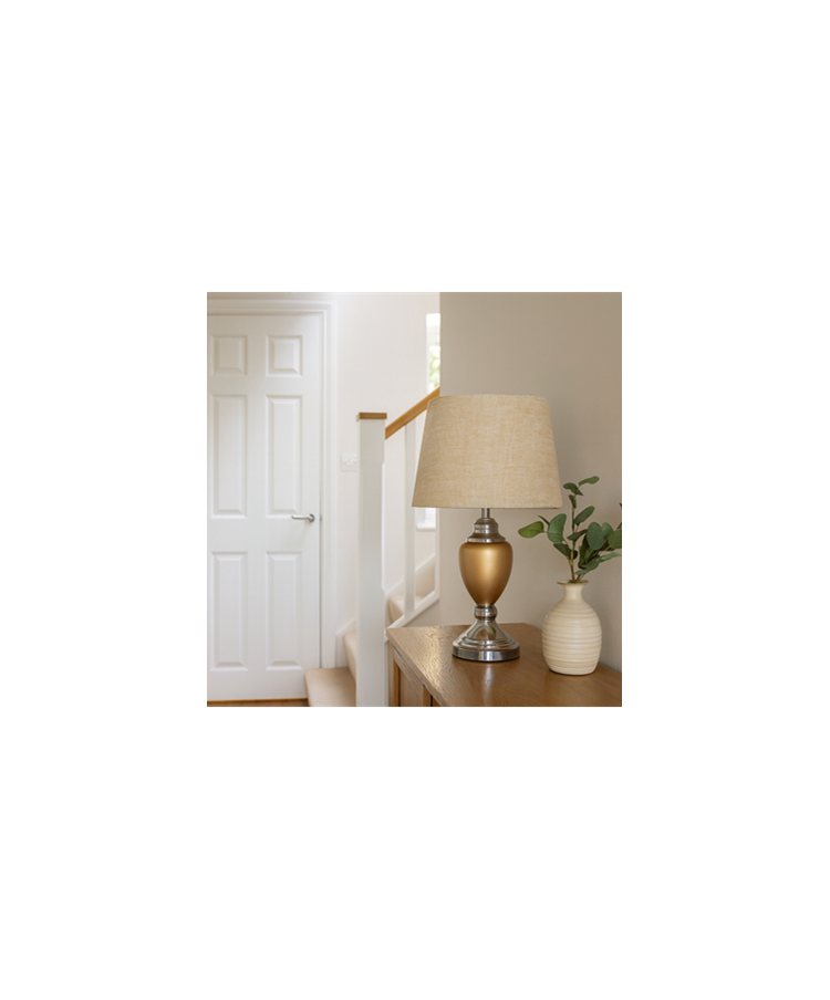 Malham Ceramic Table Lamp with Matching Shade - Champagne Gold & Satin Silver Malham Ceramic Table Lamp with Matching Shade - Champagne Gold & Satin Silver