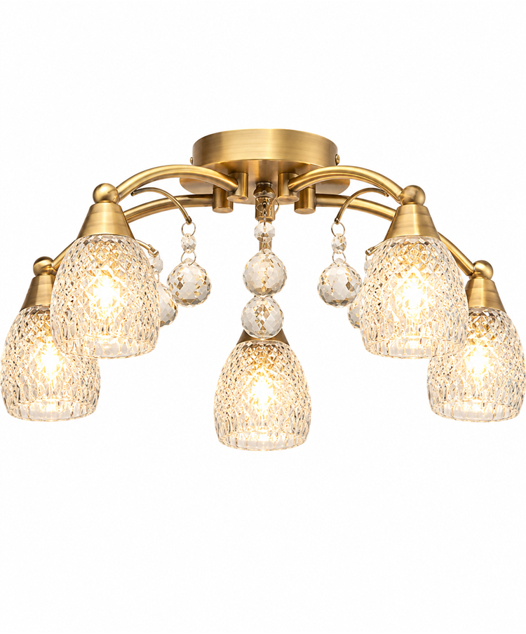 Lismore 5 Light Antique Brass Semi Flush Ceiling Light with Crystal Glass Shades