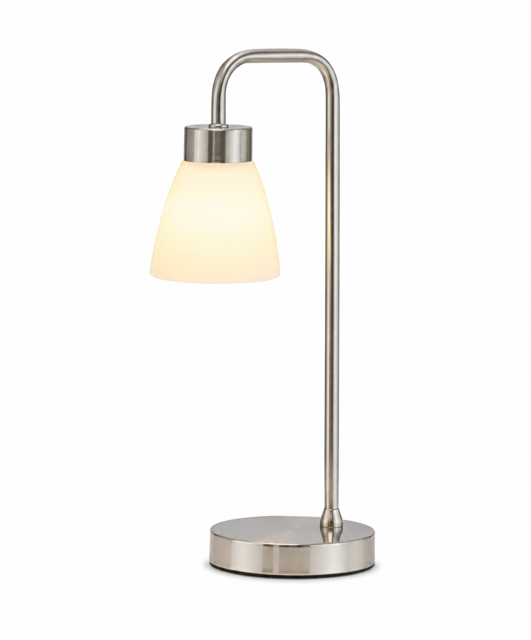 Arch Satin Silver Vintage Industrial Table Lamp with Jasmin Opal Glass Shade