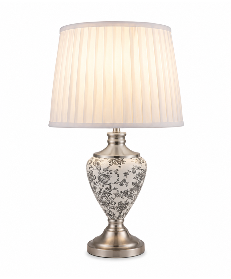 Hepburn Large Ceramic Table Lamp with Ivory Pleat Shade - Black Print & Silver Hepburn Large Ceramic Table Lamp with Ivory Pleat Shade - Black Print & Silver
