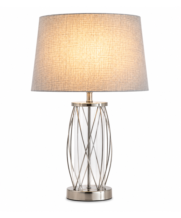 Ashleigh Silver Clear Glass Cylinder Lantern Table Lamp with Grey Linen Shade
