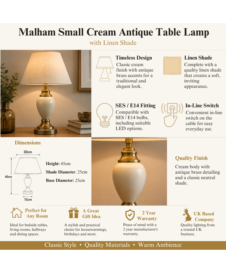 Malham Small Cream Antique Table Lamp with Linen Shade Malham Small Cream Antique Table Lamp with Linen Shade