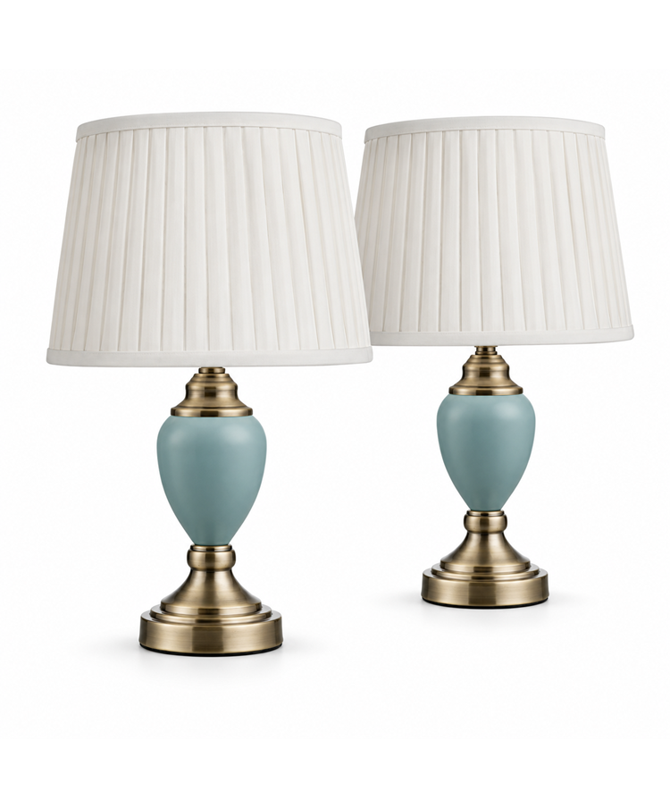Pair of Malham Small Touch Control Table Lamps Blue with Ivory Pleated Shades