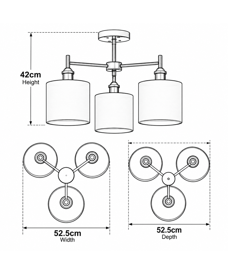 Echo Modern  3 Light Pewter Ceiling Light with Grey Linen Shades