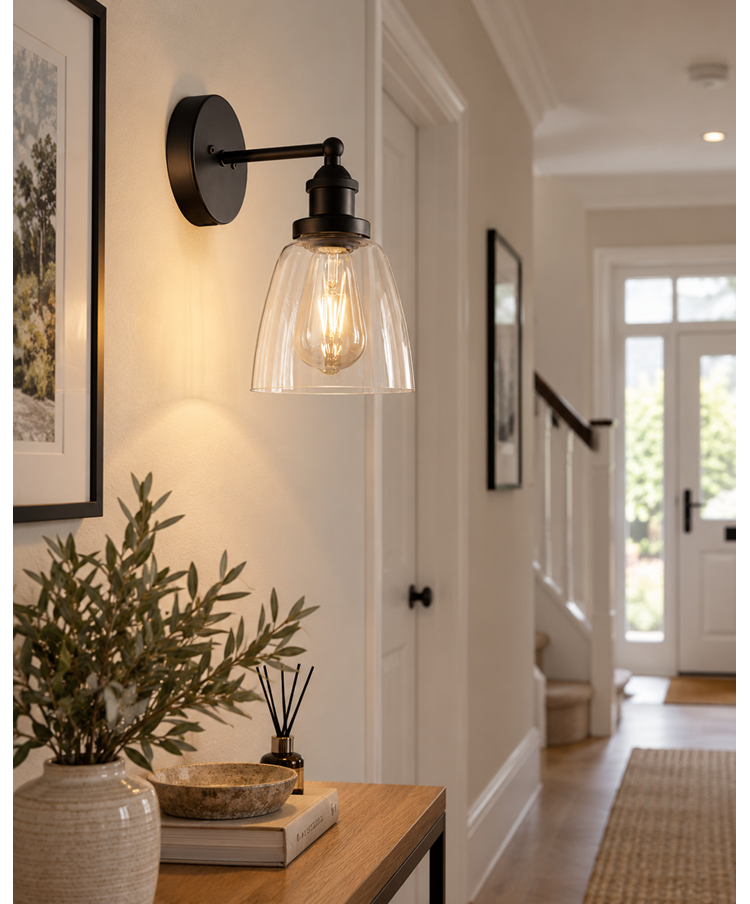 Echo Black Unswitched Modern Industrial Wall Light - Clear Glass Shade