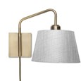 Stratton Antique Brass Swing Arm Plug In Wall Light with Grey Linen Shade
