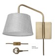 Stratton Antique Brass Swing Arm Plug In Wall Light with Grey Linen Shade