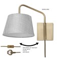 Stratton Antique Brass Swing Arm Plug In Wall Light with Grey Linen Shade