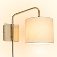 Stratton Antique Brass Swing Arm Plug In Wall Light with Natural Linen Shade