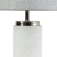 Cylinder Ash Grey Wood Print/Silver Table Lamp with Ivory Pleat Shade
