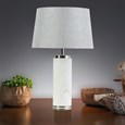 Cylinder Ash Grey Wood Print/Silver Table Lamp with Ivory Pleat Shade